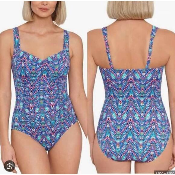 NWT Swim Solutions Sz 18 Tummy Control Shirred Tribal Print One Piece Swimsuit - Picture 1 of 9